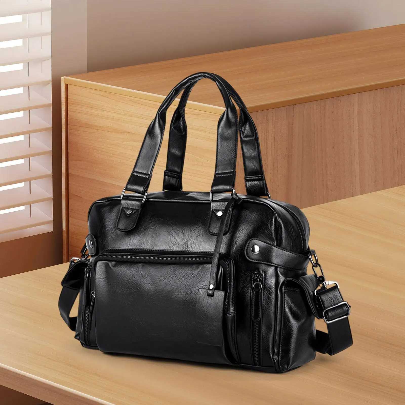 Mens Leather Shoulder Bag Business Bag with Adjustable Strap Top Handle Handbag Waterproof Briefcase Travel Bag for Office Work W251022