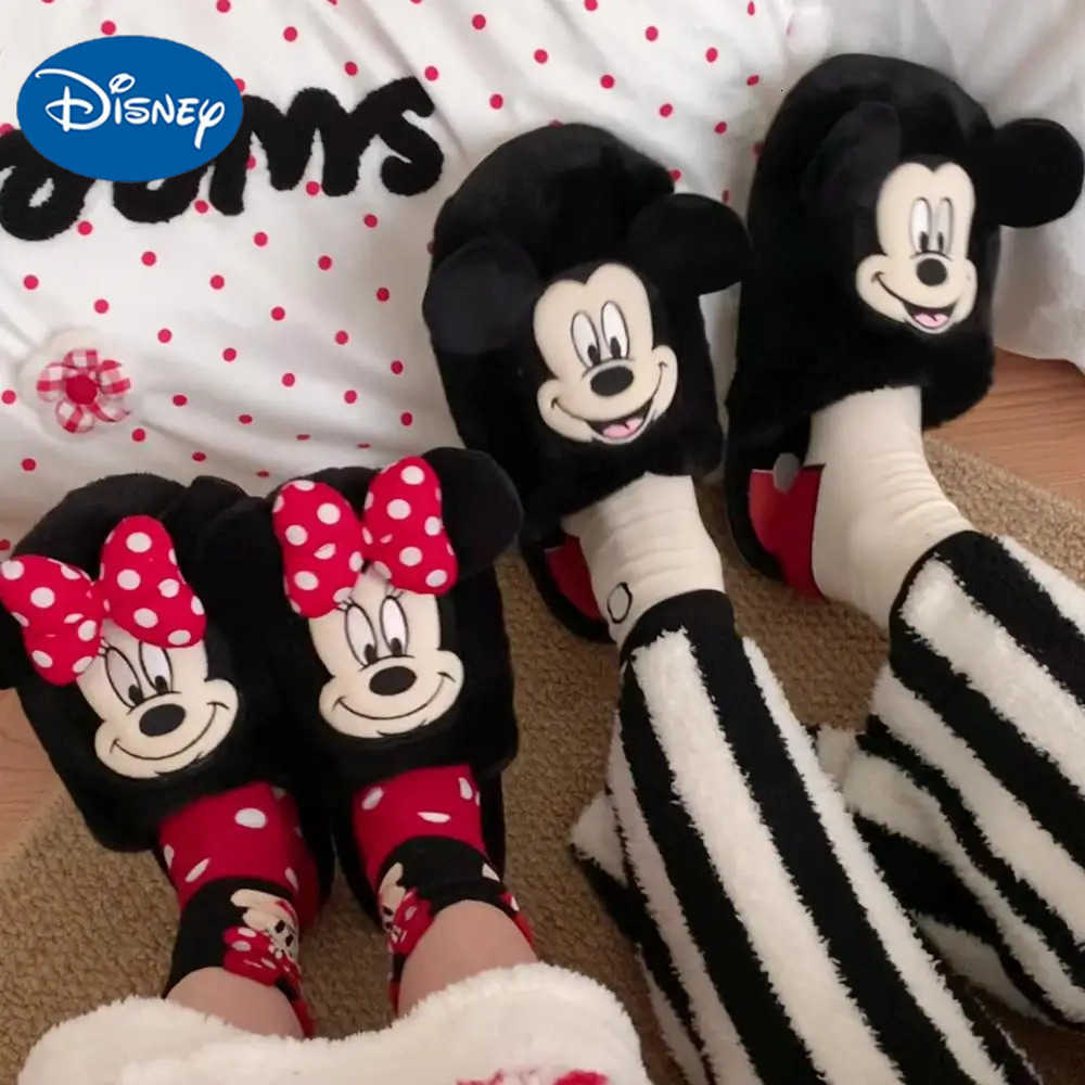 Disney 2025 Anime Mickey Minnie Cotton Couple Slippers Cartoon Men Women Winter Home Shoes Cute AntiSlip Indoor Warm Shoes H251022