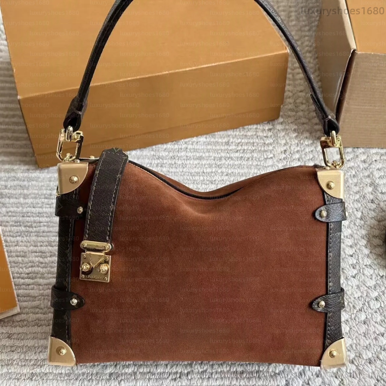 2025 New Side Trunk Designer Handbag Woman Suede Canvas Leather Bags Clutch Crossbody Purse Brown Shoulder Strap Bag