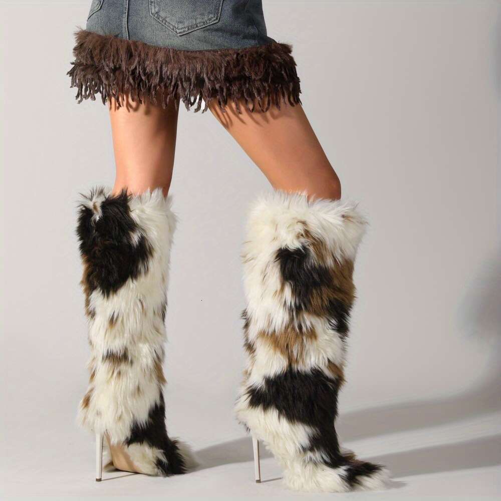 Woman's Faux Fur Knee-High With Kitten Heel Furry Fluffy Pointed Toe Winter Comfy Plush Warm Boots
