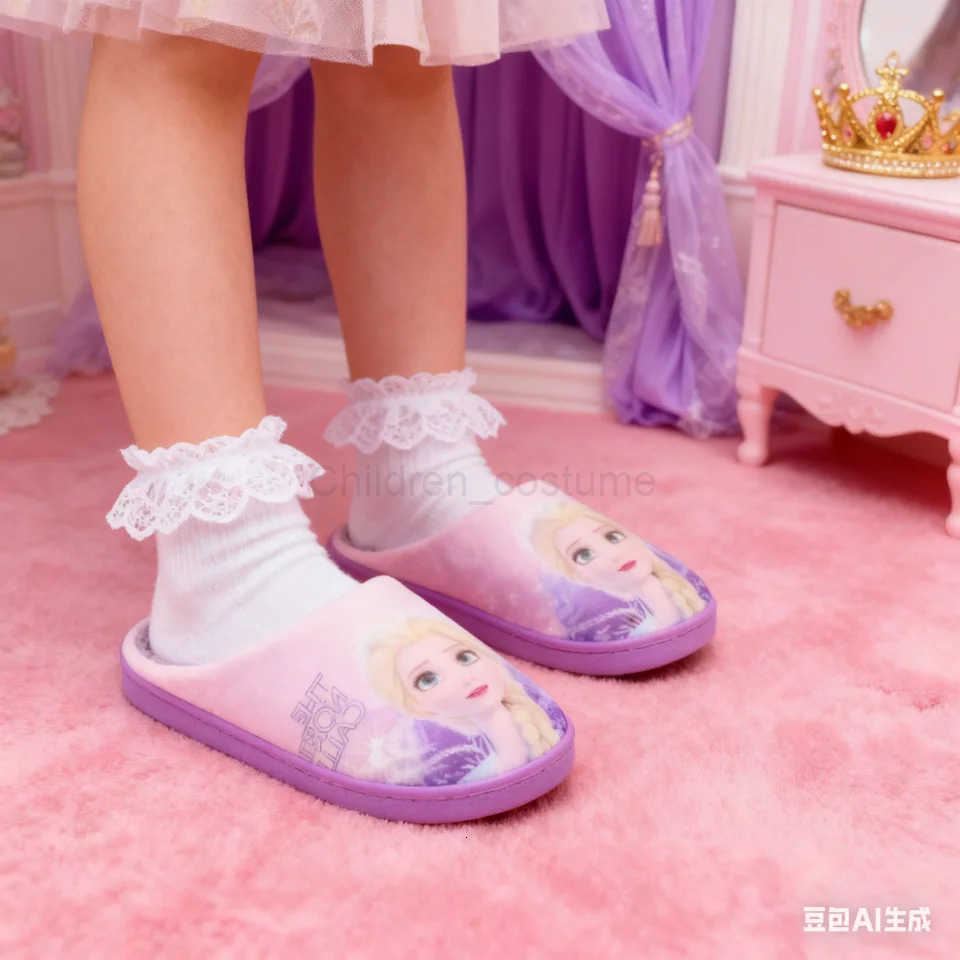 Disney Princess Elsa Winter Childrens Cotton Slippers Girls Parentchild Snow Non Slip Warm Indoor Baby Slippers Size 2439 H2510221