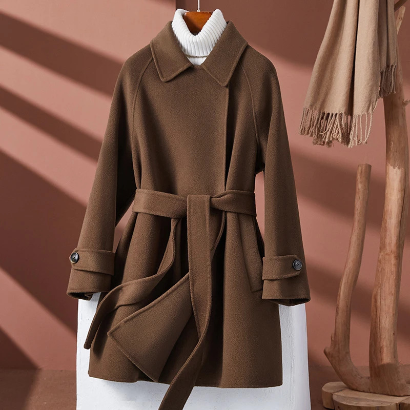 Doublefaced Cashmere Coat 100 Wool Winter Womens Woolen Coat Belt Thick Warm Casual Midlength Outwear Loose Fashion Jackets 251020
