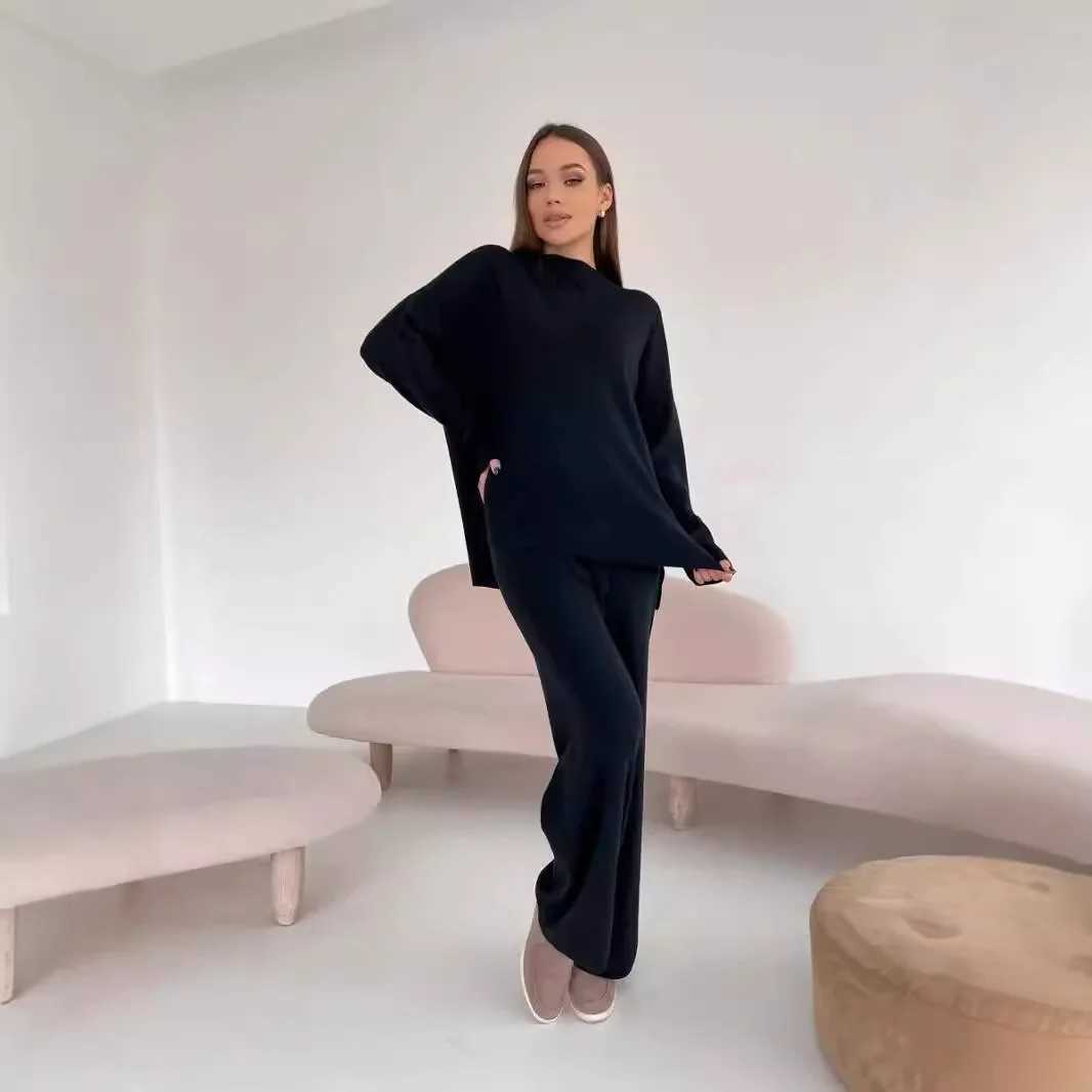 Knitting 2 Piece Set Women Pullover Sweater Pants Suit Knitted Top Half High Collar Jumpers Trousers Outfits Autumn WinterT251022