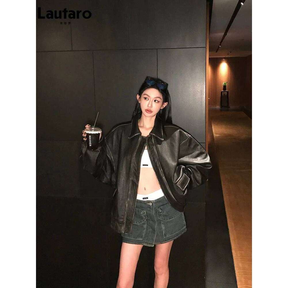 Lautaro Spring Autumn Cool Handsome Retro Oversized Distressed Brown Soft Faux Leather Jackets for Women Zipper Runway Fashion