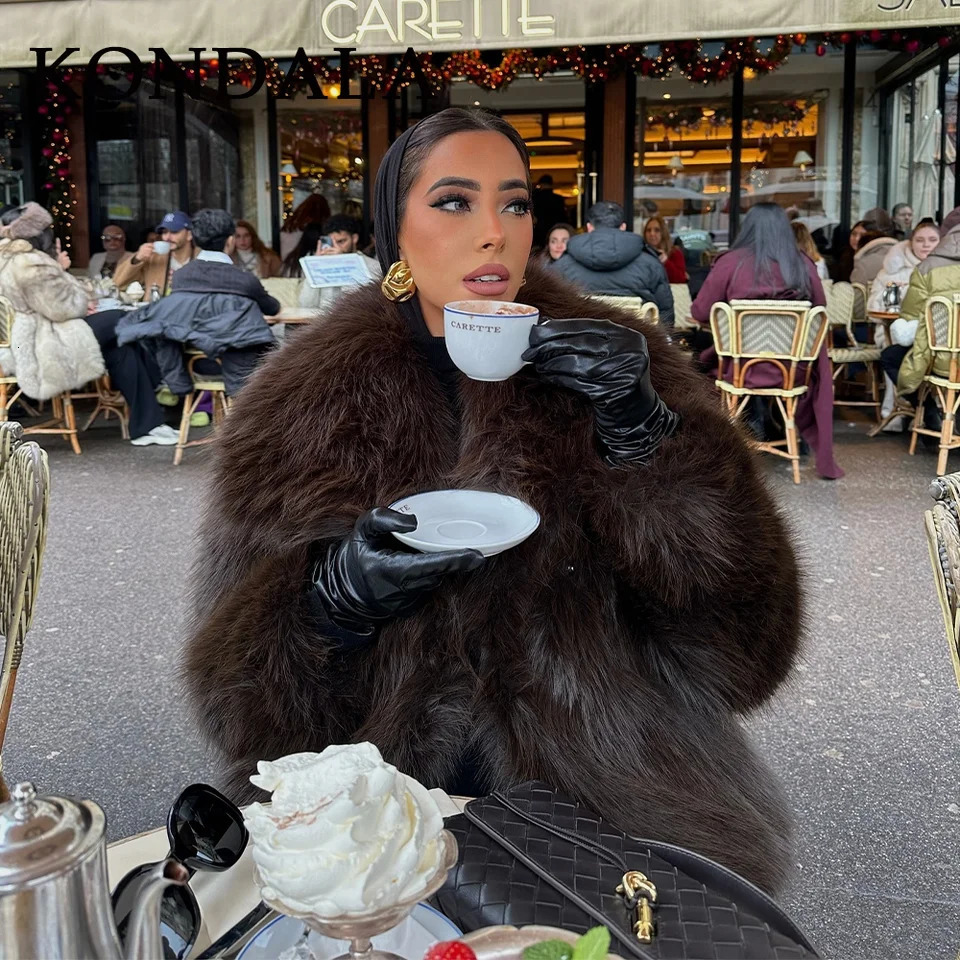 KONDALA Fall Winter Casual Faux Fur Brown Women Warm Jackets Streetwear Turn Down Collar Christmas Oversized Elegant Coats 251106