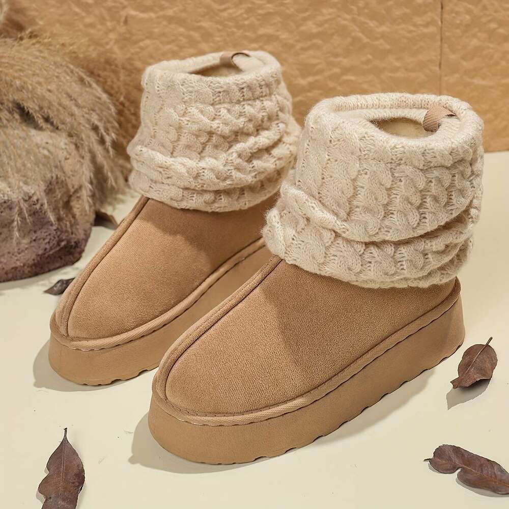 Women's Cozy Slip-On Mid-Calf Boots With Thick Platform Round Toe Cuff Soft Fabric Upper, Faux Cover Sole, Beige, Brown, Black - Perfect For Outd