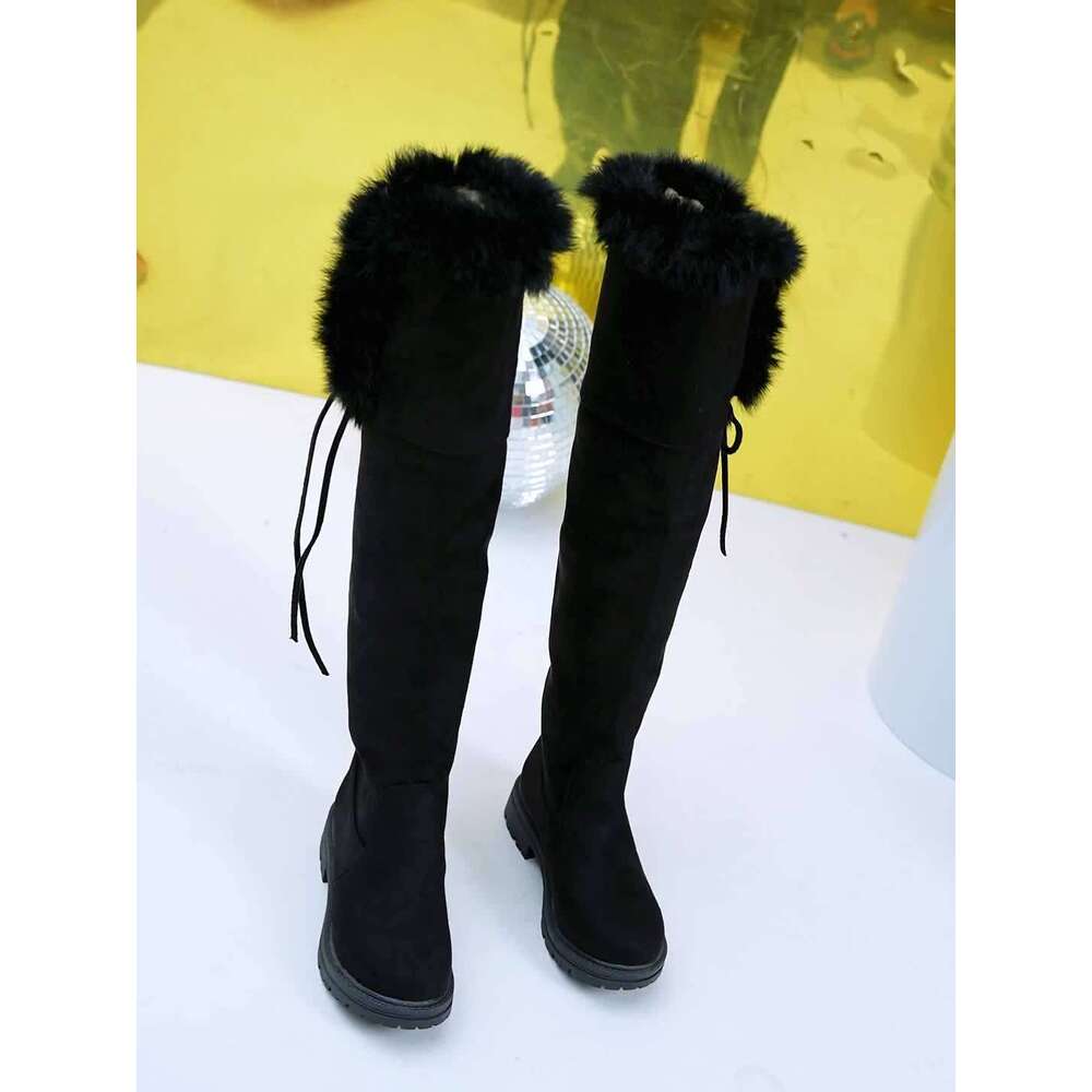 Women's Thick Platform Heels, Slip-On Knee-High With Non-Slip Rubber Sole, Warm Fabric Lining Black Boots For Weather, Formal & Everyday Outfits 