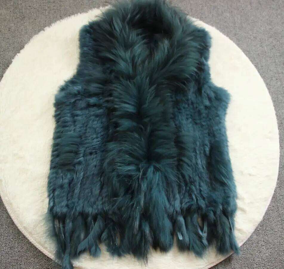 New Real ladies Genuine Knitted Rabbit Vest With Raccoon Trimming Waistcoat Winter Fur Jacket harppihop fur