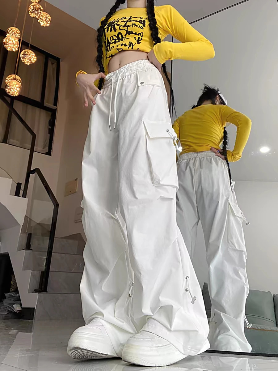American style large pocket cargo pants womens spring summer style wide leg pants loose slimming casual sports pants 251022
