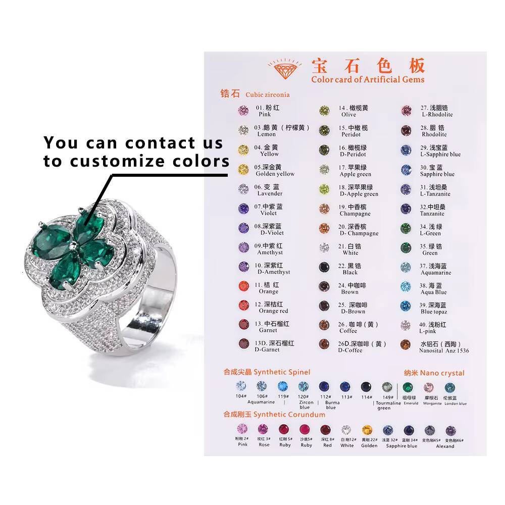 NUOAY Hiphop Jewelry White Gold Plated Four Leaf Diamond Ring Womens Trendy Bling Green Red Gemstone Flower Shape Iced Out Ring