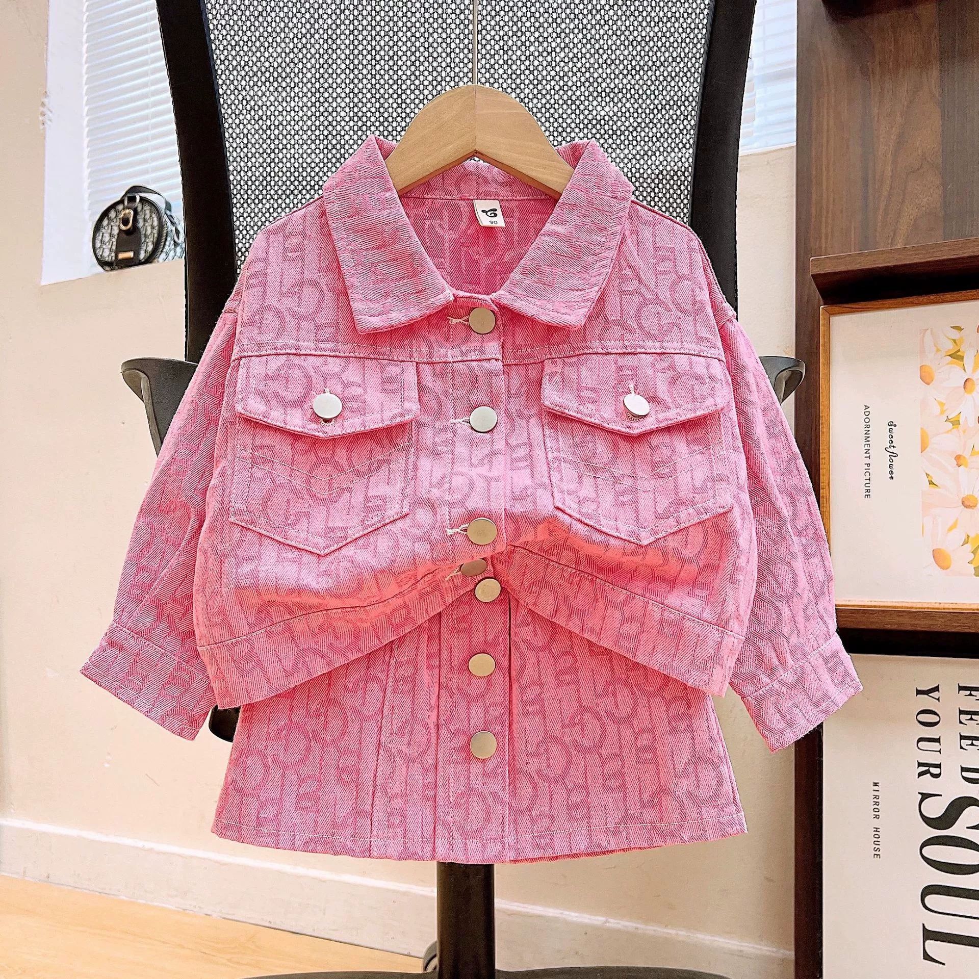 2025 Cross-Border Girls' Autumn Set Pink Jacquard Denim Jacket & Skirt Casual Fashion 120-140cm