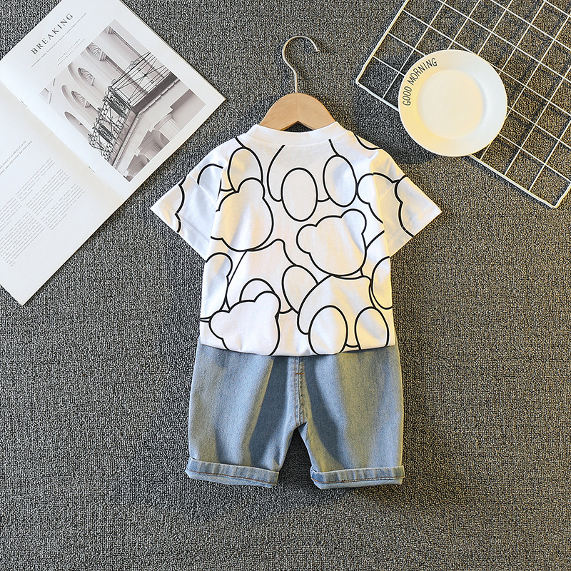 Free Shipping Designer Bear Print Baby Outfit - Class A Soft Cotton 2-Piece Set, Korean Loose Fit Clothes for Toddlers