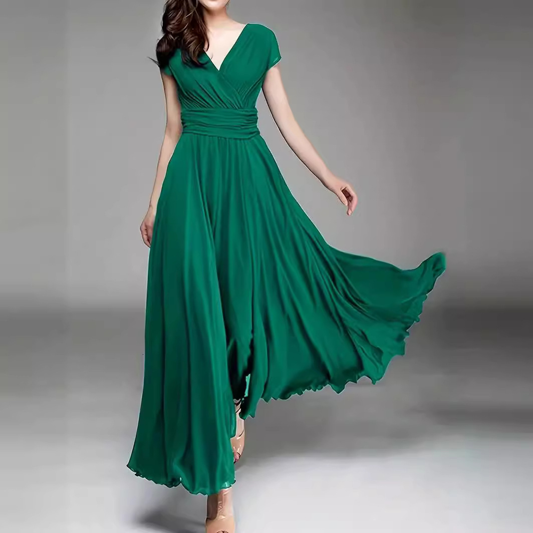 New designer fashionable European and American V-neck short sleeved Bohemian chiffon slim fit wrapped belly dress