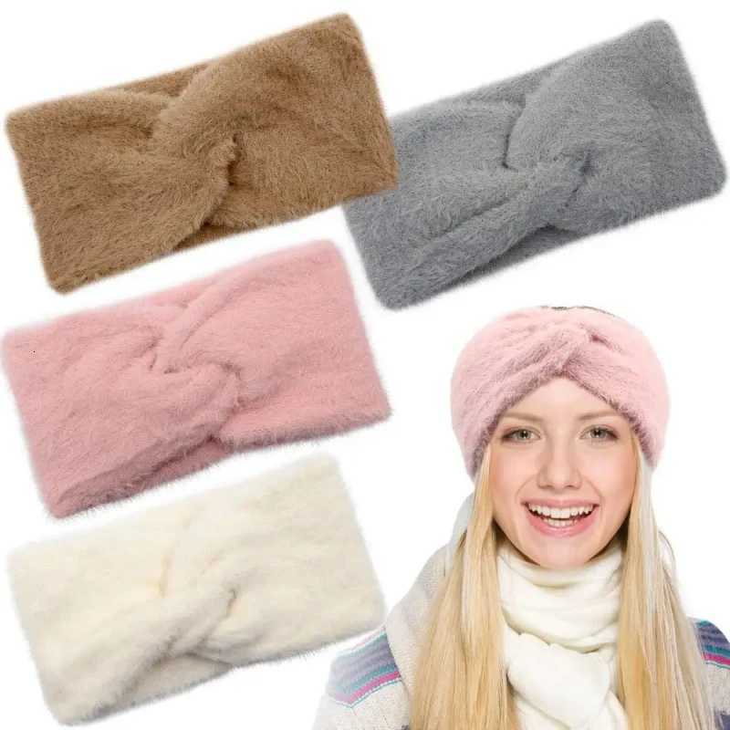 Cashmere Cross Headbands Winter Imitation Mink Women Hairband Wide Warm Twist Stretch Headwrap Knot Fluffy Ear Warmer Turban V251022