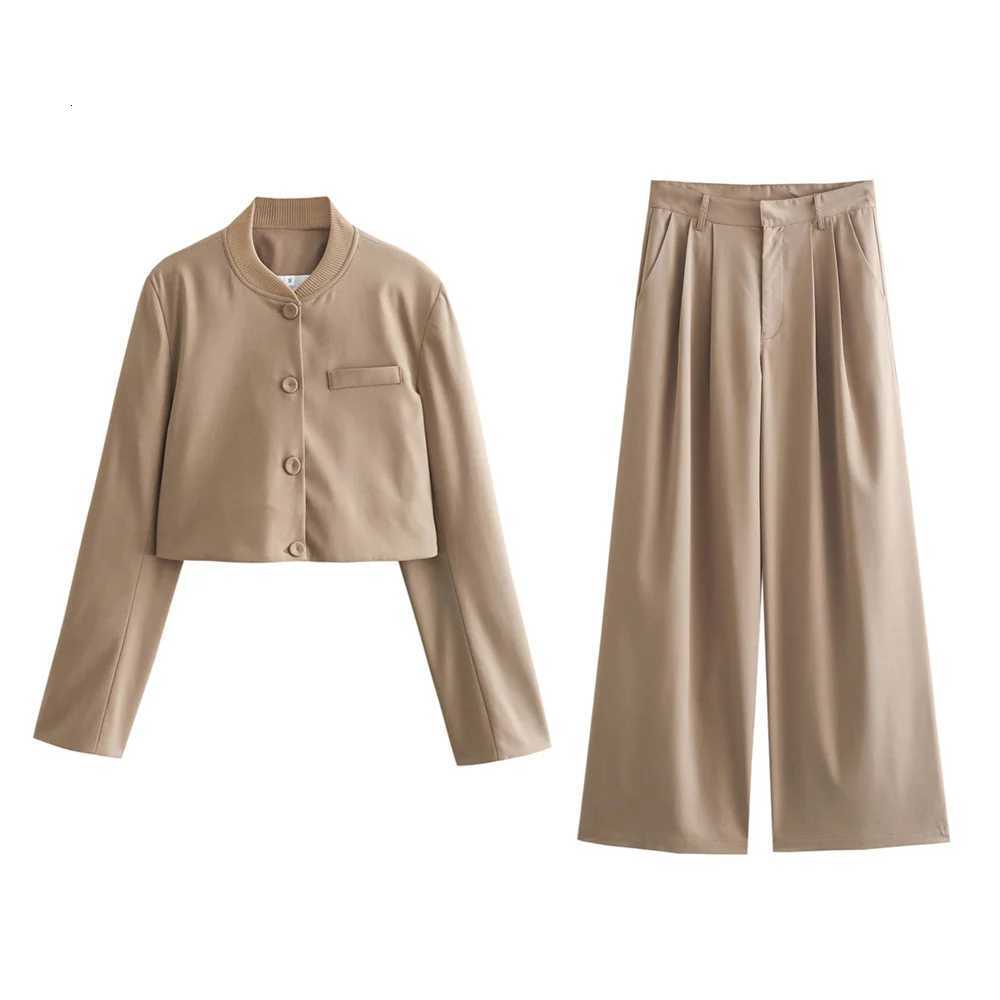 Summer New Product Womens Fashion Simple Standing Neck Long sleeved Short Jacket Coat Loose Pants Casual SetT251022