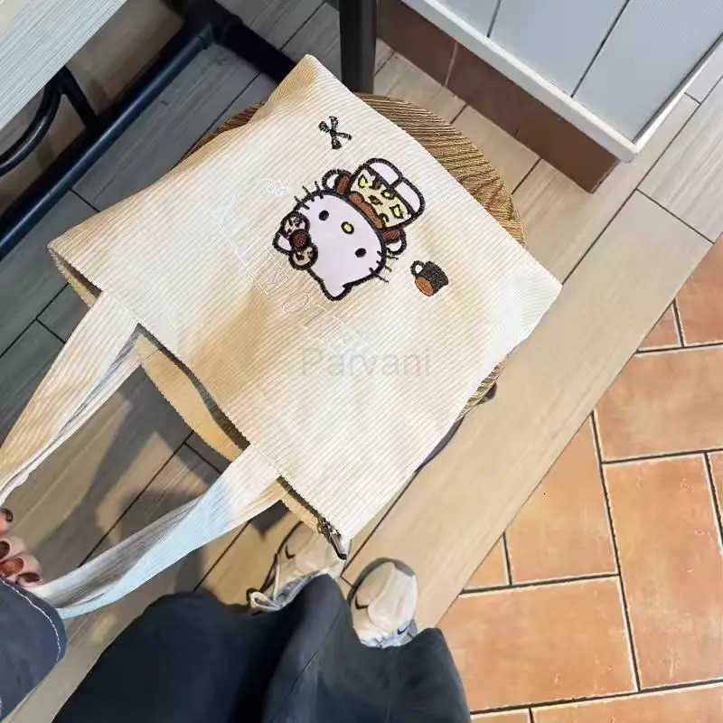 Sanrio Hello Kitty Embroidered Handbag Cute Large Capacity Corduroy Shoulder Bag Birthday Gift L251022