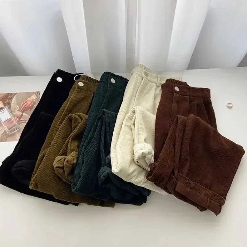 Retro High Waist Corduroy Pants Women Spring Fall Straight Causal Full Length Trousers Korean Fashion Baggy All Match Black PantT251022