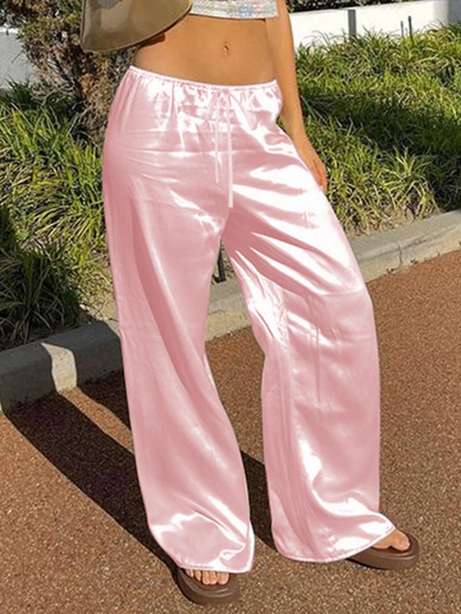 Chic Satin Wide Leg Dress Pants Womens Stylish Elastic Waist Loose Fit Long Trousers for Streetwear Work Solid Color 251022