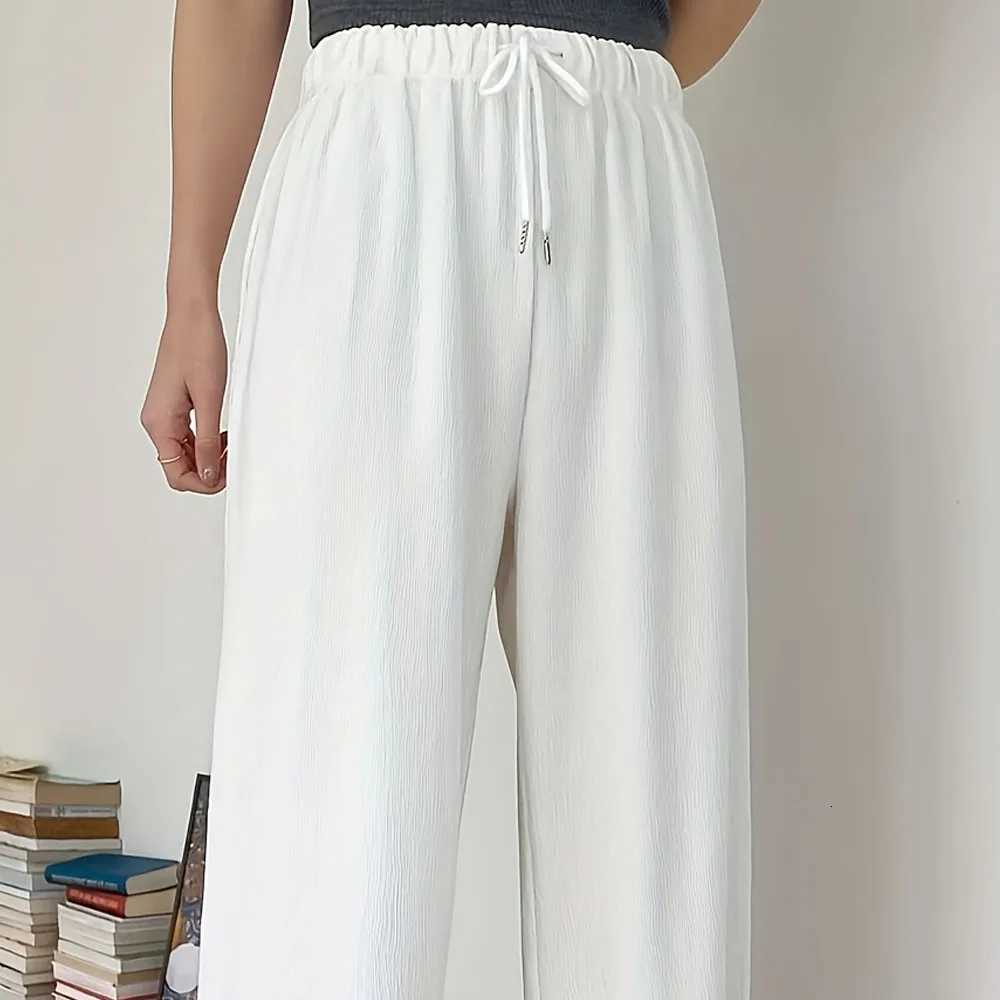 Fashion Womens Solid Color Long Pants Drawstring Design White Wide Leg Trousers Joggers Loose Fit Casual Streetwear PantT251022