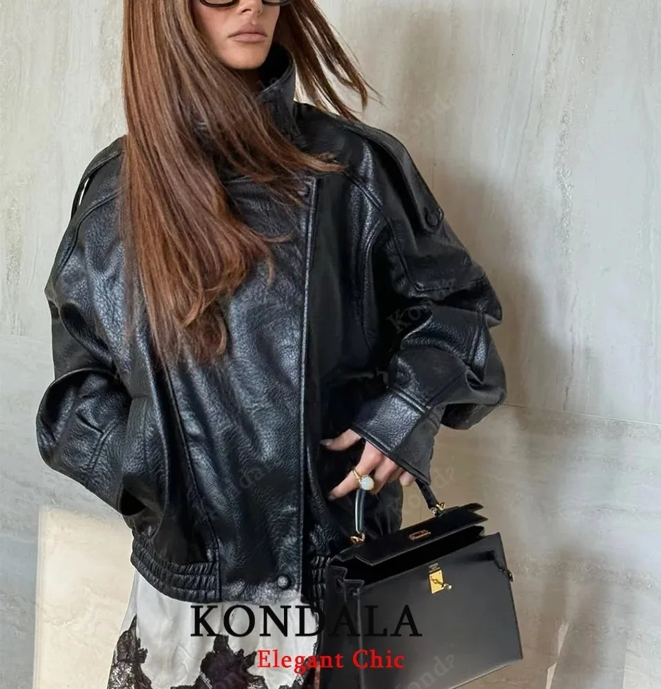 KONDALA Women Autumn Standup Collar PU Leather Jacket High Street Zipper Fashion Fall Winter Female Coat 251021