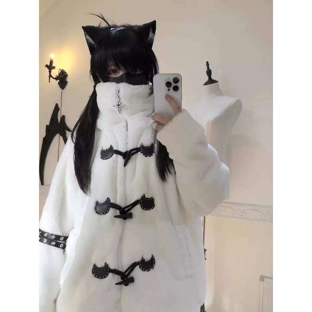 Lautaro Autumn Winter Oversized Soft Thick Warm White Faux Fur Hoodie Women with Bear Ears Horn Buttons Punk Style Fluffy Jacket
