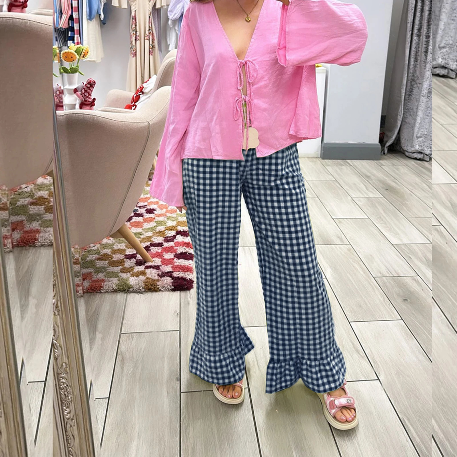 Gaono Women Y2K Plaid Print Flared Pants Ruffle Hem Gingham Long Trousers Elastic Waist Loose Fit Long Bottoms 251016