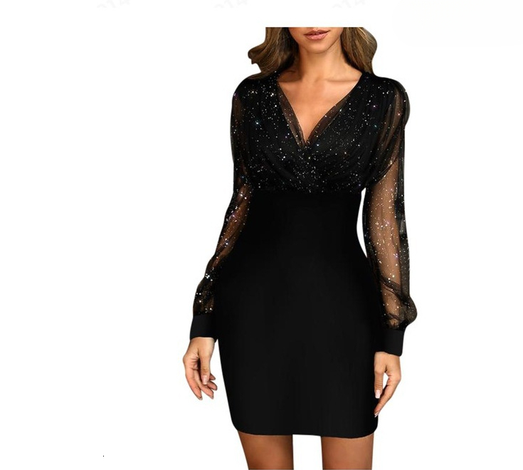 European and American designers fashion popular mesh V-neck sequin dress slim fit sexy dress