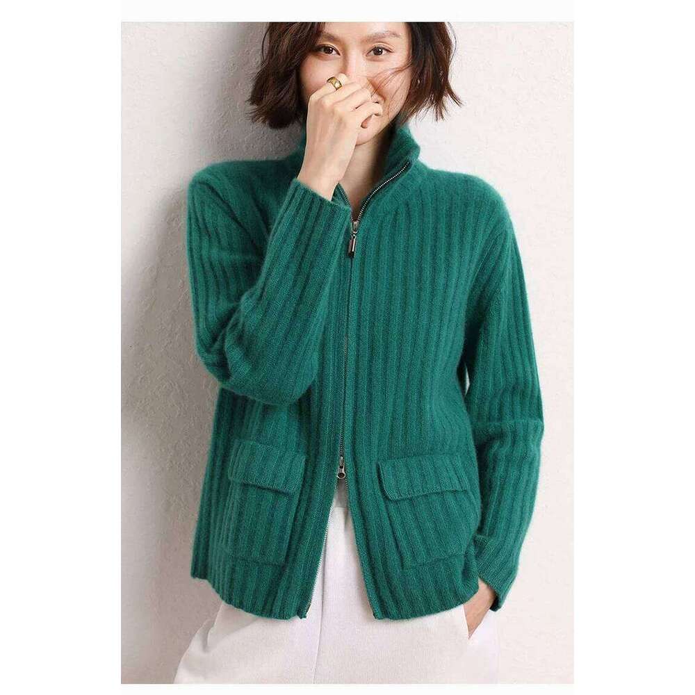 Women's Heavy Three-Strand Pit Pure Cashmere Cardigan Stand-Up Collar Zipper Knitted Sweater Ingenious Craftsmanship Loose Coat 251022