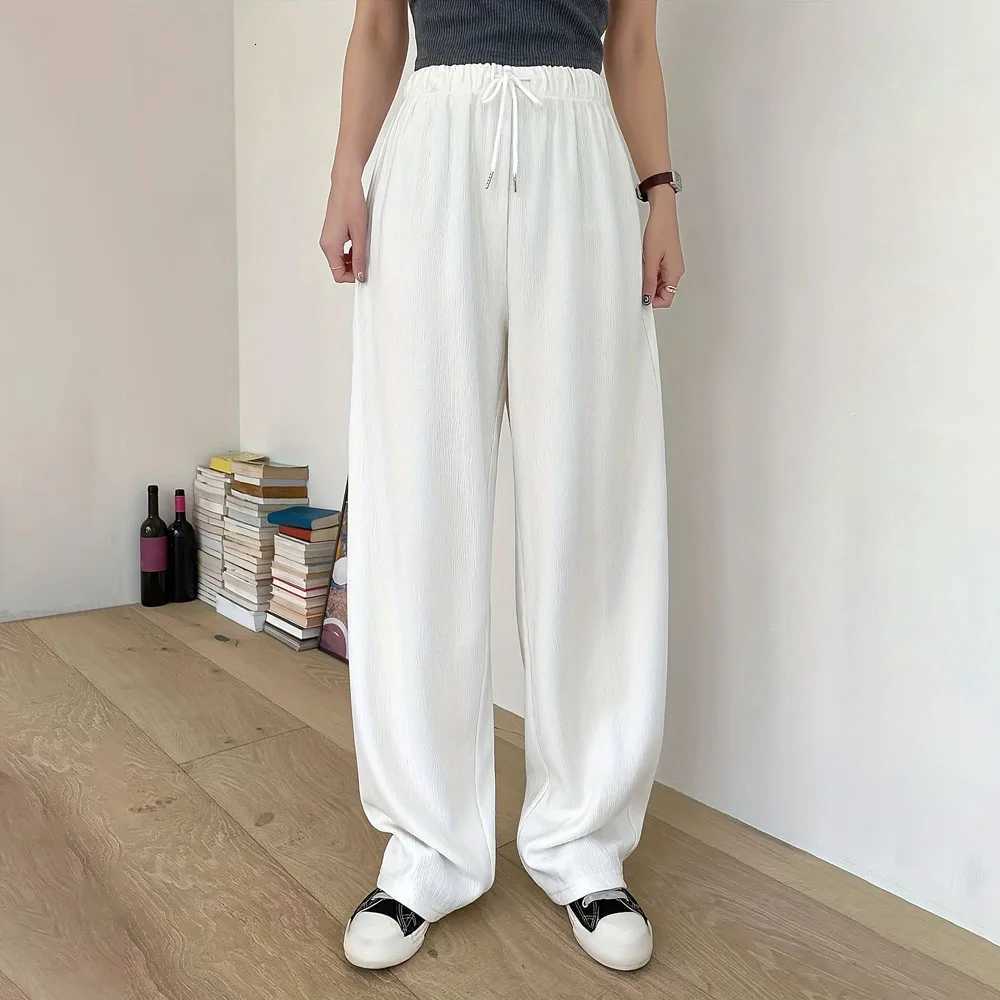 Fashion Womens Solid Color Long Pants Drawstring Design White Wide Leg Trousers Joggers Loose Fit Casual Streetwear PantT251022