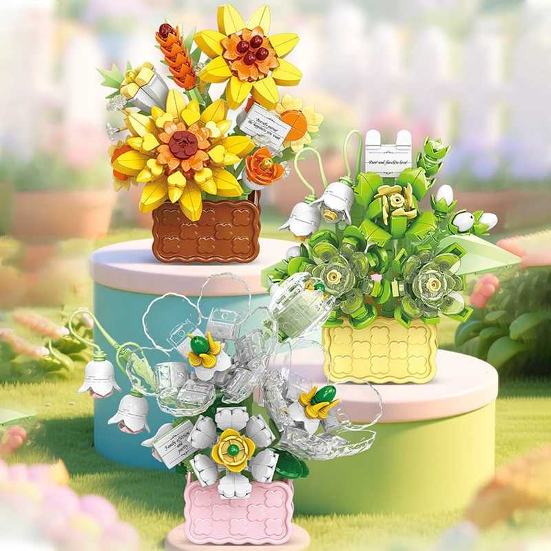 Rose Eternal Flower Basket Potted Plants Mini Particle Building BlockDIY Sunflower Flower Ornament Assembled ToyFor Kids Gifts J251022