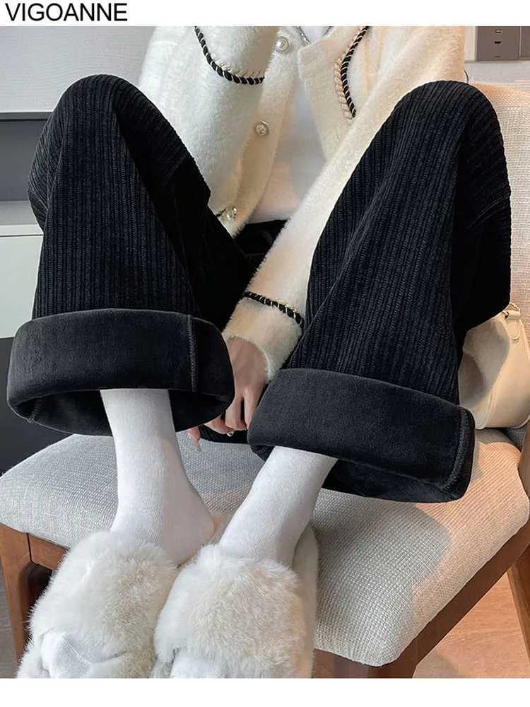 VigoAnne 2025 Female Casual Black Velvet Wide Leg Pants Autumn Women Sport Pants Winter LadyGym High Waist Warm Baggy TrousersT251022