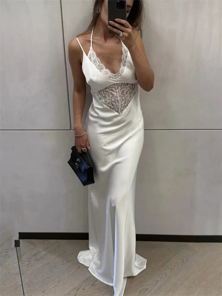 Tossy Sexy Lace Hollow Out Maxi Dress Female Backless Spaghetti Slim VNeck Hollow Out Commute Dress Summer Halter Dresses 251021