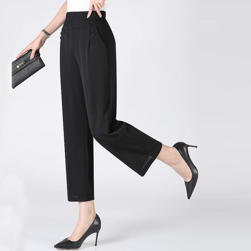 Summer Thin Breathable Elastic Pants 8XL Womens Solid Color High Waisted Loose Casual Pants Middleaged Elastic straight leg 251022