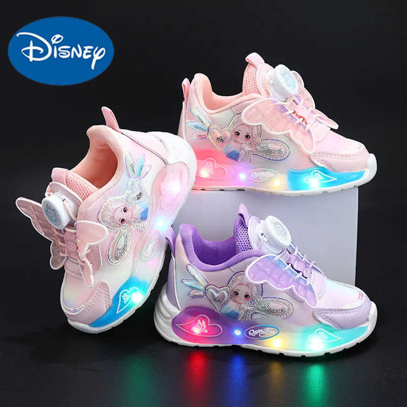 Disney Princess Elsa LED Children Butterfly Shoes Baby Knob Shoelaces Sneakers Girls Lighting Shoes Kids Nonslip Sneakers H251022