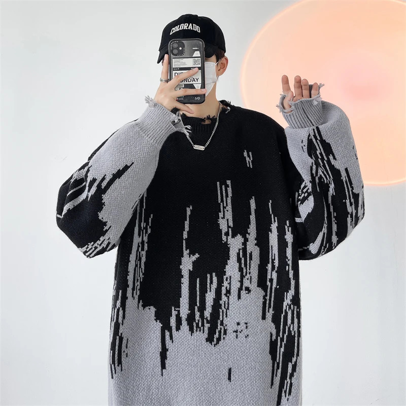Hip Hop Ripped Punk Knitted Sweaters Men Oversized Harajuku Streetwear Sweaters Winter Couples Fashion Knit Pullovers Tops 251020