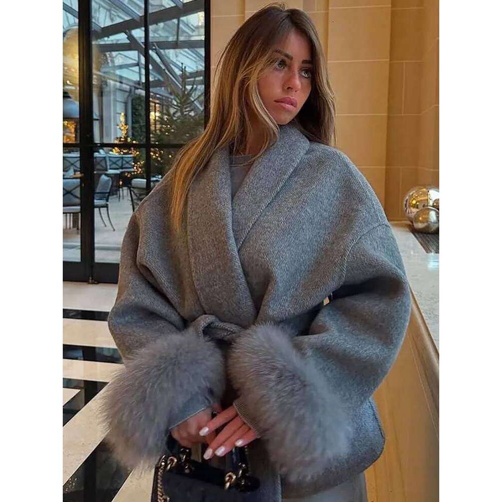 Elegant Lace Up Woolen Short Coat Solid Loose Lapel Furry Belt Long Sleeve Jacket Female 2025 Autumn Winter Lady Chic Cardigan