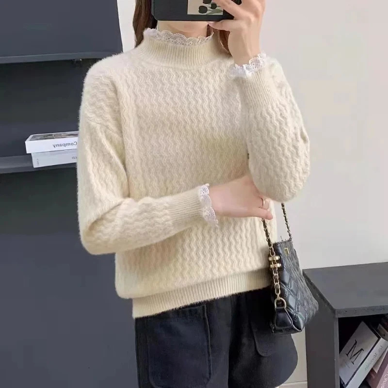 Autumn Winter Round Neck Screw Thread Long Sleeve Womens Clothing Pullover Lace Patchwork Solid Color Sweater Knitted Tops 251016