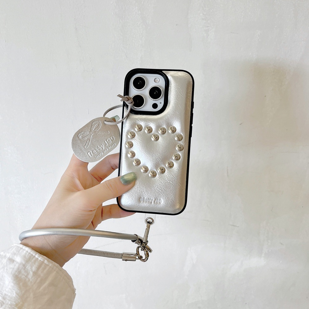 Oil Wax Leather Heart Rivet Phone Case Compatible with iPhone 17/16 Pro Simple Lanyard iPhone 15/14 Niche