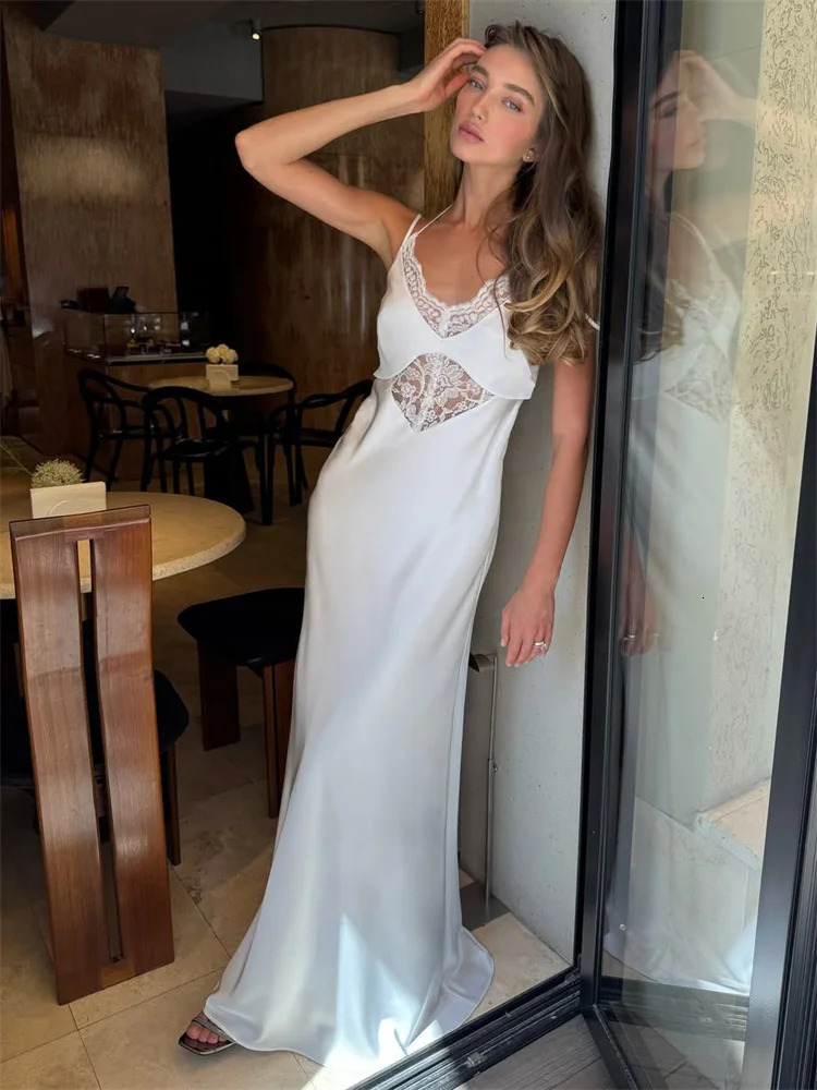 Tossy Sexy Lace Hollow Out Maxi Dress Female Backless Spaghetti Slim VNeck Hollow Out Commute Dress Summer Halter Dresses 251021