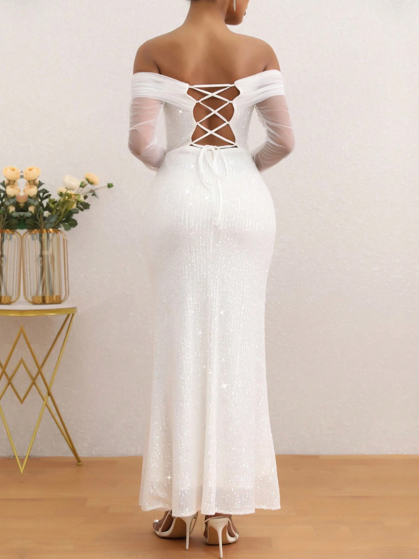 Women's Mememe Brand Off-Shoulder Mesh Long Sleeve Mermaid Wedding Dress, Slim-Fit Bridal Gown (S-XL, White)-D200