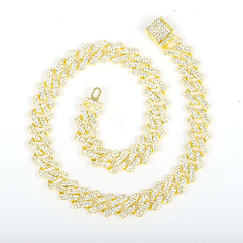 Hot selling hip-hop classic Cuban for women 15MM gold alloy full dia necklace trendy mens style