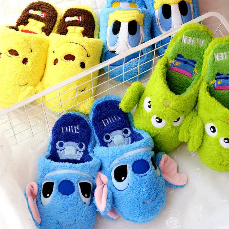 Disney Cartoon Plush Slippers Anime Peripherals Autumn Winter Creative Alien Stitch Winnie The Pooh Soft Home Slippers Unisex H251022