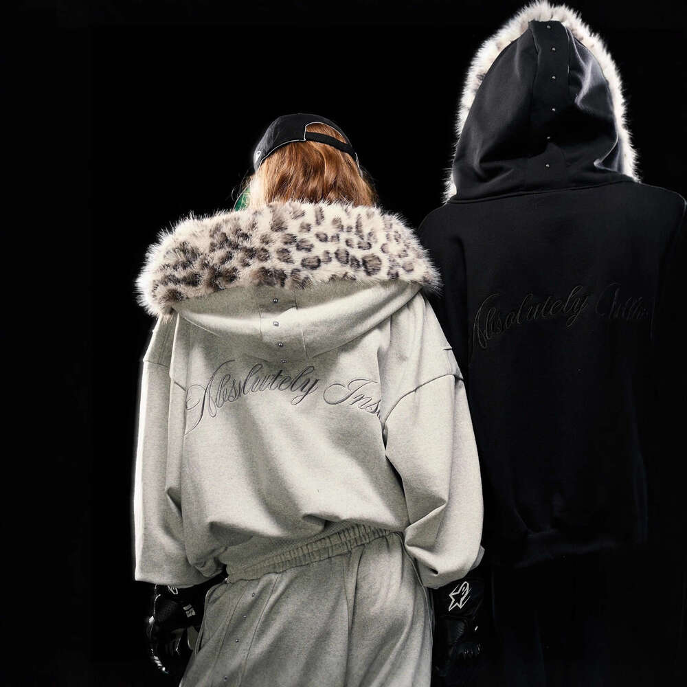 New Hoodie Leopard Fleece Design Letter Pattern Print Street Style Unisex Sweatshirt