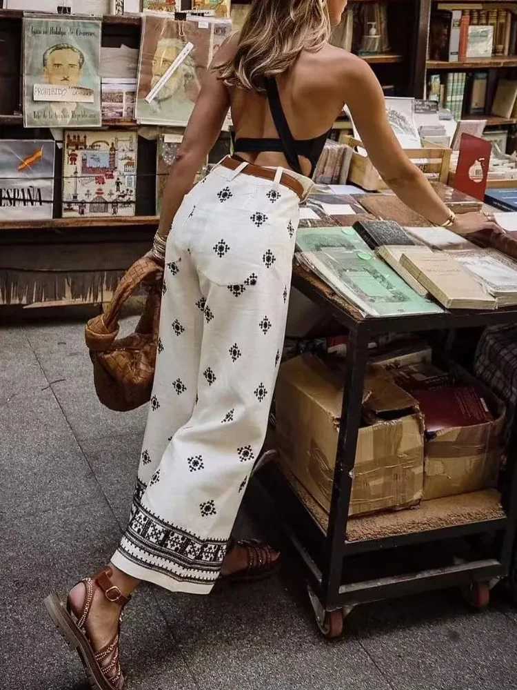 Womens Contrast Embroidery Linen Straight Pants High Waist Zipper Fly Female Ankle Trousers Chic FashionT251022