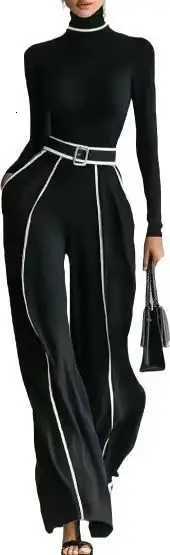 2025 New Elegant Stand Collar Contrasting Color Edging Waisthugging Slim Long Sleeve Knitted Wideleg Pants Twopiece Set RopaT251022