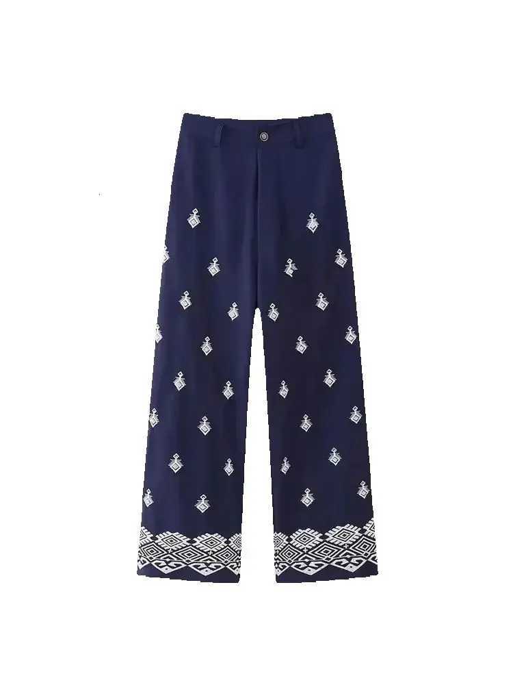 Womens Contrast Embroidery Linen Straight Pants High Waist Zipper Fly Female Ankle Trousers Chic FashionT251022