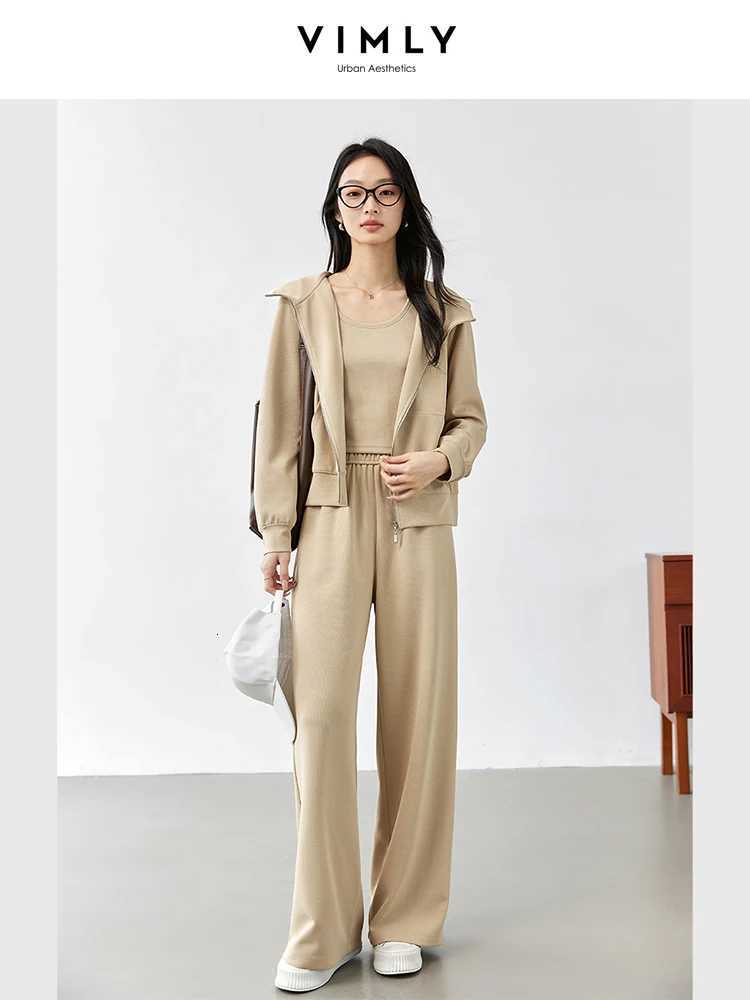 VIMLY Women 2025 Autumn Sporty SweatshirtsVest Pants 3Pcs Suit Office Lady Outfits Casual Sets Ladies Simple Tracksuit A0305T251022