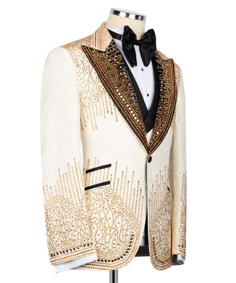 Luxurious Man Tuxedos 2 Pcs Jacket Vest Beaded Jacquard Men Suit Handsome Peaked Lapel Evening Wedding Groom Coat Customized
