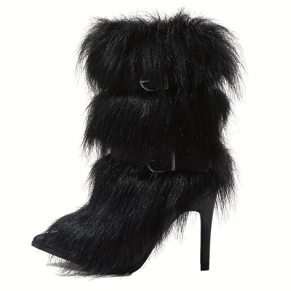 Women's Punk Style Faux Fur Fluffy Pointed Toe Stiletto Ankle Plush Lining Warm Winter Snow Boots With EVA Insole & Non-Slip Rubber Sole, Cozy Fu