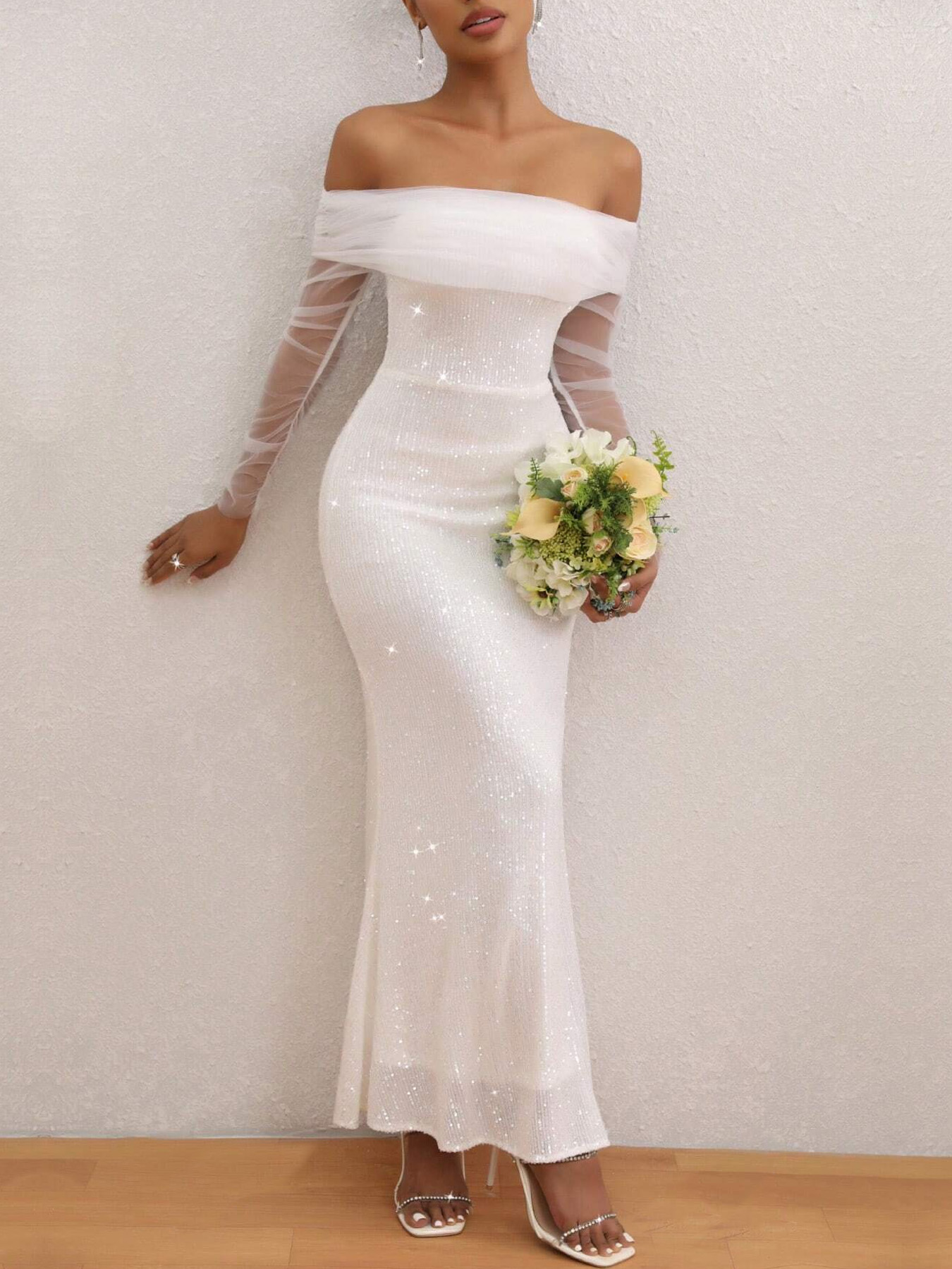 Women's Mememe Brand Off-Shoulder Mesh Long Sleeve Mermaid Wedding Dress, Slim-Fit Bridal Gown (S-XL, White)-D200